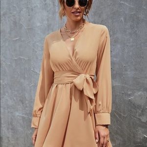 NWOT Tan V neck Blouson Sleeve Belted Dress